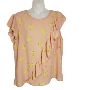 june & hudson Womens Top Size Large Banana Print Ruffles Keyhole Short Flutter